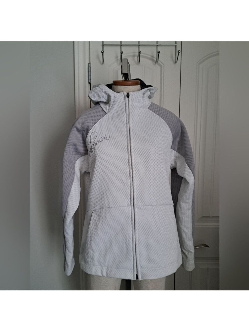 SALOMON White GREY Waffle Texture hooded JACKET cozy comfy stretch ladies SZ XL